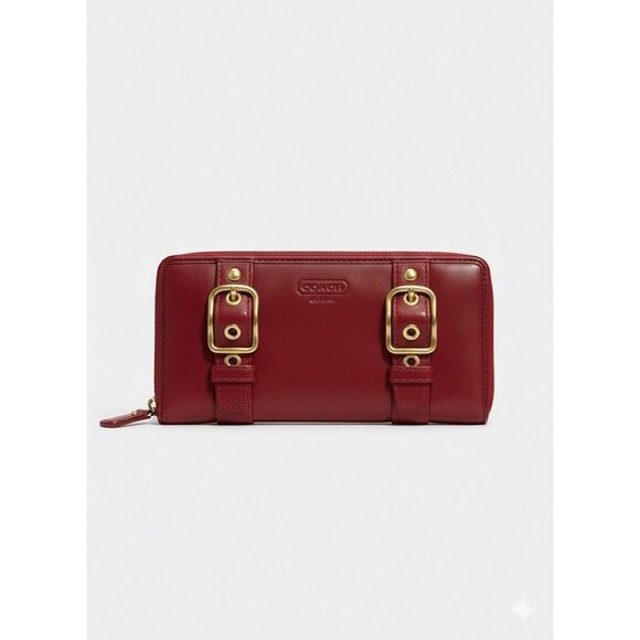 Coach Vtg Zoe Red Leather Accordion Style Zip Around Leather Wallet Buckles - Picture 1 of 6